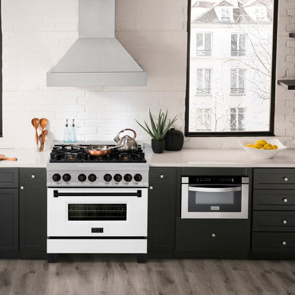 ZLINE Autograph Edition 36 in. 4.6 cu. ft. Legacy Dual Fuel Range with 6 Burner Gas Cooktop and Electric Convection Oven in Satin Stainless Steel with White Matte Door and Matte Black Accents (RASZ-WM-36-MB)