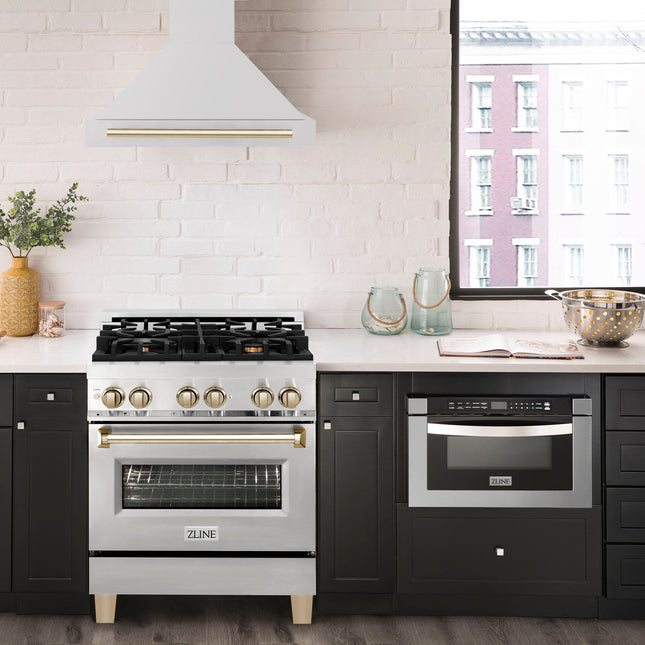 ZLINE Autograph Edition 30" Stainless Steel Range Hood with Stainless Steel Shell and Polished Gold Handle (8654STZ-30-G)
