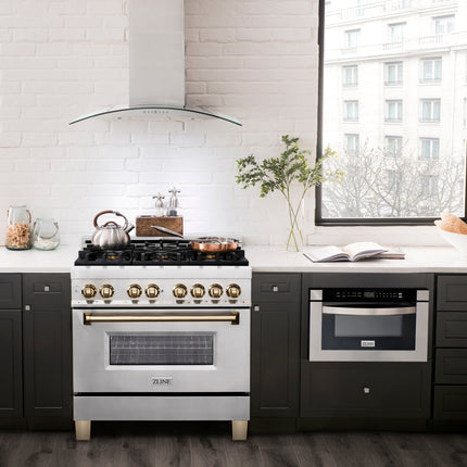 ZLINE Autograph Edition 36 in. 4.6 cu. ft. Legacy Dual Fuel Range with 6 Burner Gas Cooktop and Electric Convection Oven in Stainless Steel and Polished Gold Accents (RAZ-36-G)