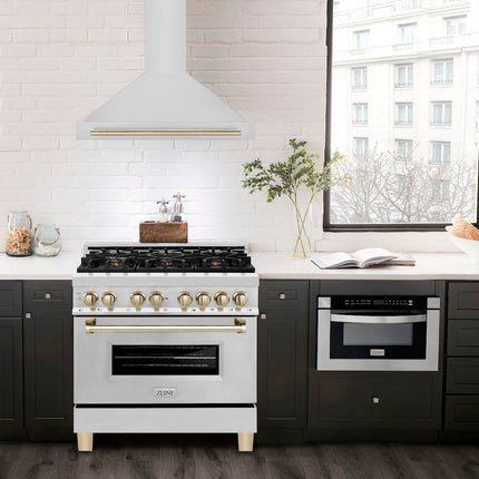 ZLINE 36 in. Autograph Edition Convertible Stainless Steel Range Hood with Stainless Steel Shell and Polished Gold Accents (KB4STZ-36-G)