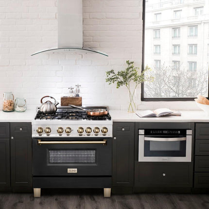 ZLINE Autograph Edition 36 in. 4.6 cu. ft. Legacy Dual Fuel Range with 6 Burner Gas Cooktop and Electric Convection Oven (RAZ-BLM-36-G)