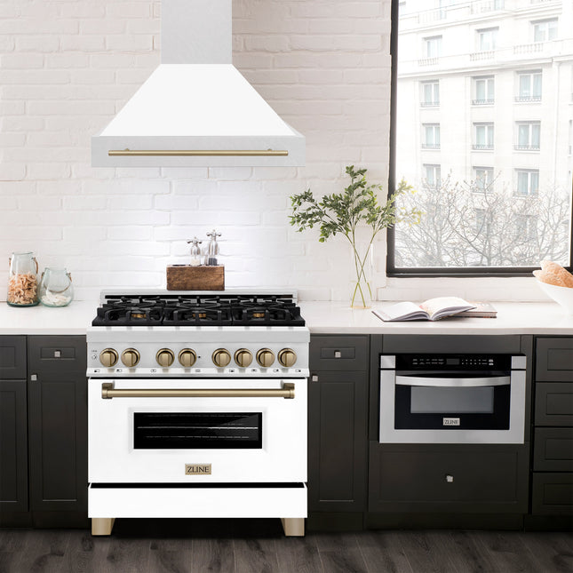 ZLINE Autograph Edition 36" Fingerprint Resistant Stainless Steel Range Hood with White Matte Shell and Champagne Bronze Handle (8654SNZ-WM36-CB)