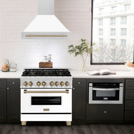 ZLINE Autograph Edition 36" Stainless Steel Range Hood with White Matte Shell and Champagne Bronze Handle (8654STZ-WM36-CB)