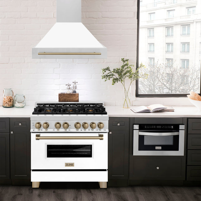 ZLINE Autograph Edition 36" Stainless Steel Range Hood with White Matte Shell and Champagne Bronze Handle (8654STZ-WM36-CB)