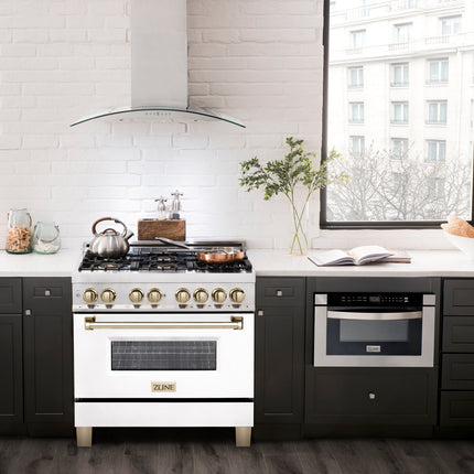 ZLINE Autograph Edition 36 in. 4.6 cu. ft. Legacy Dual Fuel Range with 6 Burner Gas Cooktop and Electric Convection Oven in Stainless Steel with White Matte Door and Polished Gold Accents (RAZ-WM-36-G)
