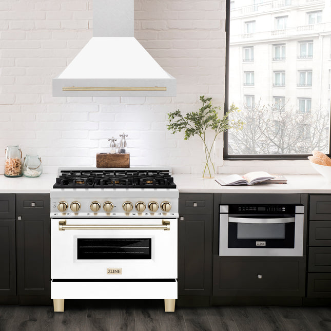 ZLINE Autograph Edition 36" Fingerprint Resistant Stainless Steel Range Hood with White Matte Shell and Polished Gold Handle (8654SNZ-WM36-G)