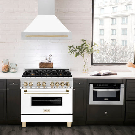 ZLINE Autograph Edition 36" Stainless Steel Range Hood with White Matte Shell and Polished Gold Handle (8654STZ-WM36-G)