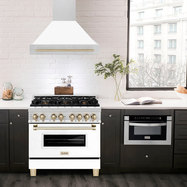 ZLINE Autograph Edition 36" Stainless Steel Range Hood with White Matte Shell and Polished Gold Handle (8654STZ-WM36-G)