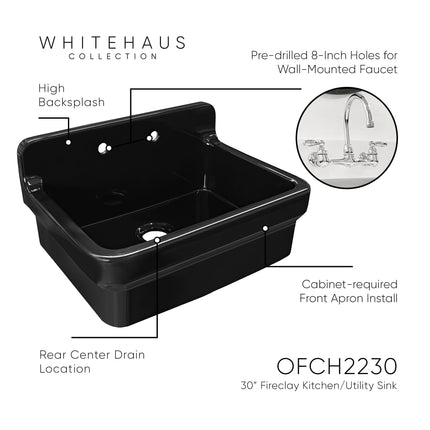 Whitehaus Old Fashioned Country Fireclay Utility Sink With High Backsplash - OFCH2230-BLACK Whitehaus