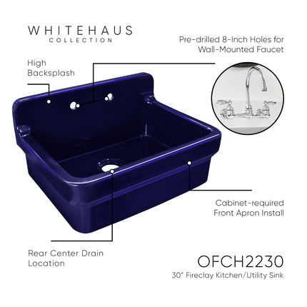 Whitehaus Old Fashioned Country Fireclay Utility Sink With High Backsplash - OFCH2230-BLUE Whitehaus
