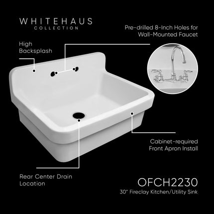 Whitehaus Old Fashioned Country Fireclay Utility Sink With High Backsplash - OFCH2230-WHITE Whitehaus