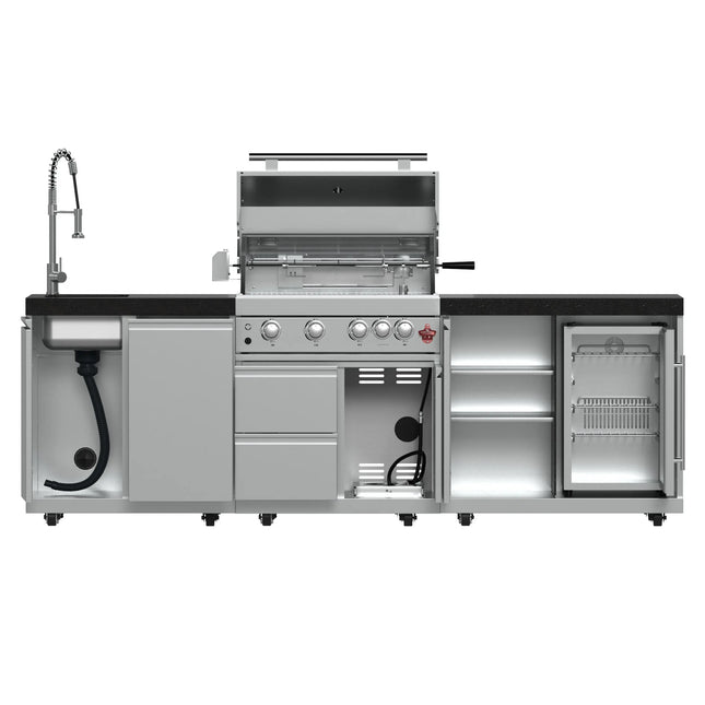 FORNO Bulnes 30-Inch BBQ, 60,000 BTU, 3 Burners with Sear & Rotisserie Infrared Burners, Stainless Steel Outdoor Kitchen with 1.8 cu.ft. Beverage Center & Black Granite Countertops FORNO