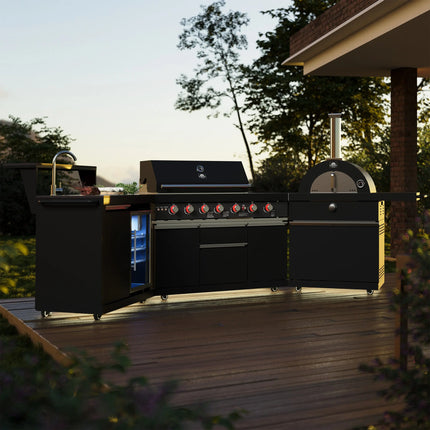 Forno All’Aperto 87,600 BTU Outdoor Kitchen, 4 Burners, Infrared Burners, Side Burner, Black Sintered Stone Countertops, Gas Pizza Oven, Sink Module, Bar & Beverage Center FORNO