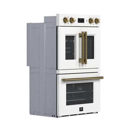 Forno Asti 30-Inch Double Electric Wall Oven with Upper French Doors in White & Antique Brass, 7.36 cu. ft. Dual True Convection, 7,200W, Air Fry, Sous Vide, Self-Clean FORNO