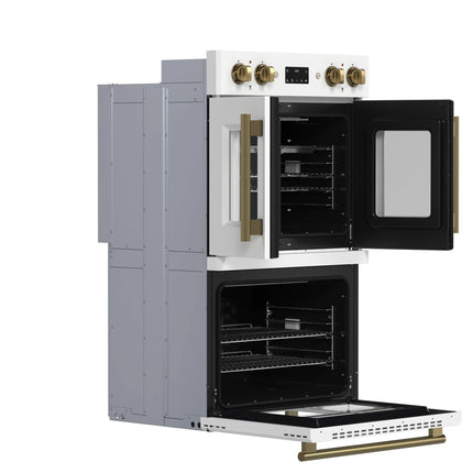 Forno Asti 30-Inch Double Electric Wall Oven with Upper French Doors in White & Antique Brass, 7.36 cu. ft. Dual True Convection, 7,200W, Air Fry, Sous Vide, Self-Clean FORNO