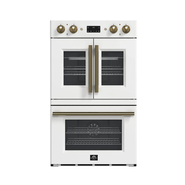 Forno Asti 30-Inch Double Electric Wall Oven with Upper French Doors in White & Antique Brass, 7.36 cu. ft. Dual True Convection, 7,200W, Air Fry, Sous Vide, Self-Clean FORNO