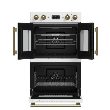 Forno Asti 30-Inch Double Electric Wall Oven with Upper French Doors in White & Antique Brass, 7.36 cu. ft. Dual True Convection, 7,200W, Air Fry, Sous Vide, Self-Clean FORNO