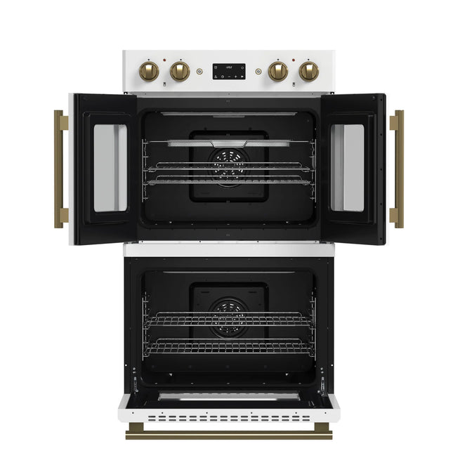 Forno Asti 30-Inch Double Electric Wall Oven with Upper French Doors in White & Antique Brass, 7.36 cu. ft. Dual True Convection, 7,200W, Air Fry, Sous Vide, Self-Clean FORNO