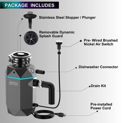 FORNO ACQUA BrightDIAMOND Black Onyx 1HP Super Quiet Garbage Disposal Corded with Motion Sensor Cabinet Light & Pre-Wired Air Switch FORNO ACQUA