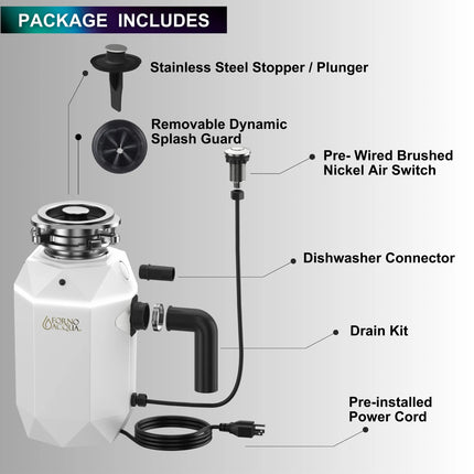FORNO ACQUA BrightDIAMOND Moonstone 1HP Super Quiet Garbage Disposal Corded with Motion Sensor Cabinet Light & Pre-Wired Air Switch FORNO ACQUA