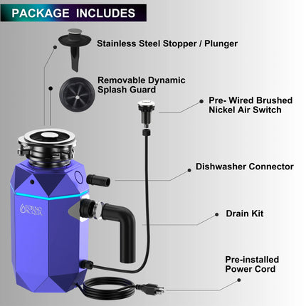 FORNO ACQUA BrightDIAMOND Amethyst 3/4HP Super Quiet Garbage Disposal Corded with Motion Sensor Cabinet Light & Pre-Wired Air Switch FORNO ACQUA
