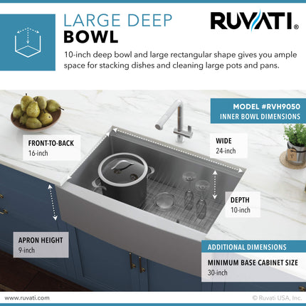 Ruvati 27-inch Apron-front Workstation Farmhouse Kitchen Sink 16 Gauge Stainless Steel Single Bowl - RVH9050 Ruvati