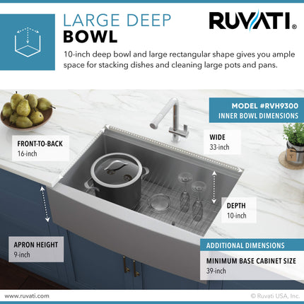 Ruvati 36-inch Apron-front Workstation Farmhouse Kitchen Sink 16 Gauge Stainless Steel Single Bowl - RVH9300 Ruvati