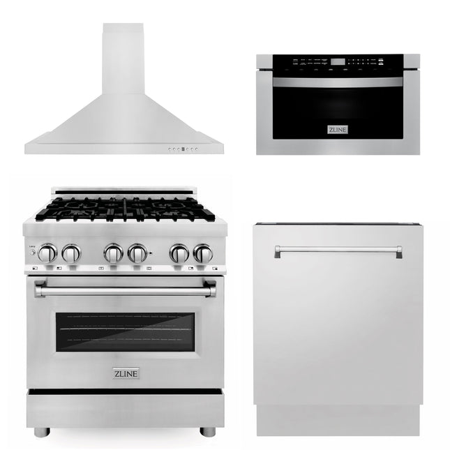 ZLINE 30 in. Kitchen Package with Stainless Steel Dual Fuel Range, Range Hood, Microwave Drawer and Tall Tub Dishwasher (4KP-RARH30-MWDWV) Zline Appliances