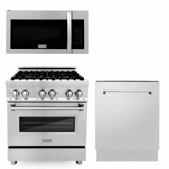 ZLINE 30 in. Kitchen Package with Stainless Steel Dual Fuel Range with a 30 in. Over the Range Microwave, and Stainless Steel Dishwasher (3KP-RAOTR30-DW) Zline Appliances