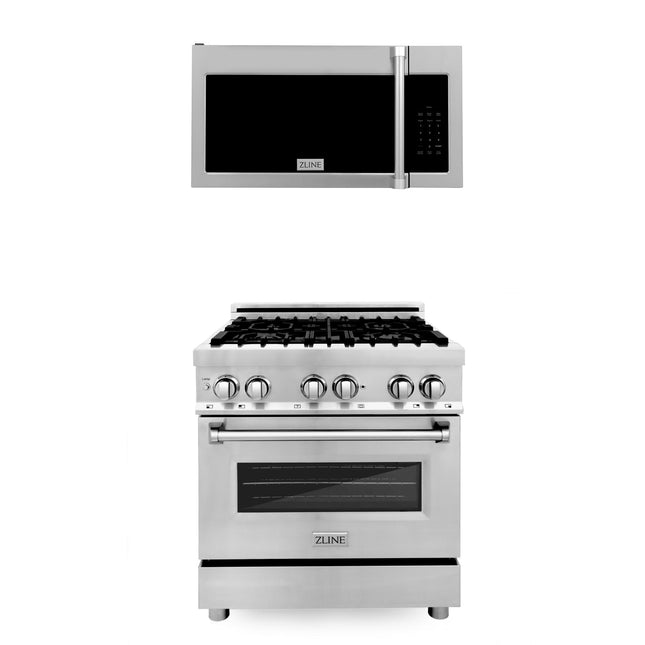 ZLINE 30 in. Kitchen Package Stainless Steel Dual Fuel Range and Over The Range Microwave with Traditional Handle (2KP-RAOTRH30) Zline Appliances
