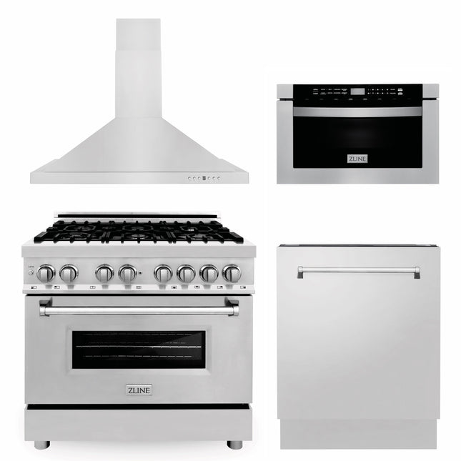 ZLINE 36" Kitchen Package with Stainless Steel Dual Fuel Range, Range Hood, Microwave Drawer and Tall Tub Dishwasher (4KP-RARH36-MWDWV) Zline Appliances