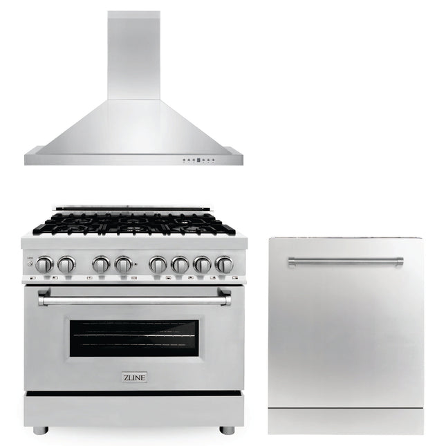 ZLINE 36 in. Kitchen Package with Stainless Steel Dual Fuel Range, Convertible Vent Range Hood and Dishwasher (3KP-RARH36-DW) Zline Appliances