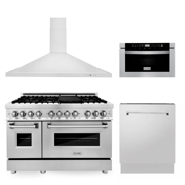ZLINE 48 in. Kitchen Package with Stainless Steel Dual Fuel Range, Range Hood, Microwave Drawer and Tall Tub Dishwasher (4KP-RARH48-MWDWV) Zline Appliances