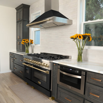 ZLINE Autograph Edition 48 in. Convertible Satin Stainless Steel Wall Mount Range Hood with Black Matte Shell and Champagne Bronze Handle (KB4SNZ-BLM48-CB)