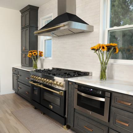 ZLINE 48 in. Autograph Edition Convertible Stainless Steel Range Hood with Black Matte Shell and Polished Gold Handle (KB4STZ-BLM48-G)