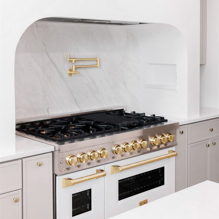ZLINE Autograph Edition 48 in. 6.0 cu. ft. Legacy Dual Fuel Range with 7 Burner Gas Cooktop and 2 Electric Ovens in Stainless Steel with White Matte Doors and Polished Gold Accents (RAZ-WM-48-G)
