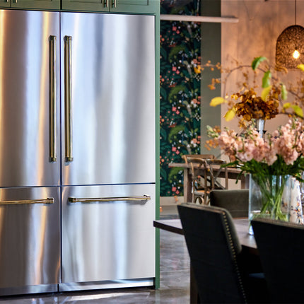 ZLINE Autograph Edition 60 in. 32.2 cu. ft. French Door Built-In Bottom Freezer Refrigerator with Water Dispenser and Ice Maker in Stainless Steel with Polished Gold Accents (RBIVZ-304-60-G)