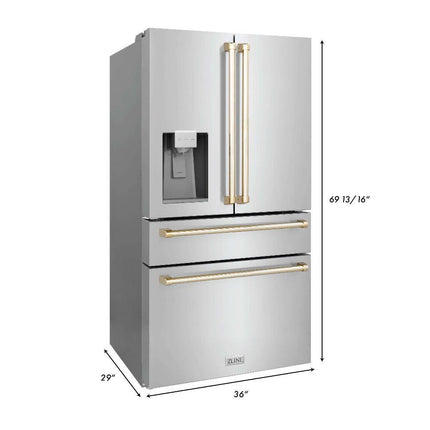 ZLINE Autograph Edition 30 in. Kitchen Package with Stainless Steel Dual Fuel Range, Range Hood, Dishwasher, and Refrigerator with External Water Dispenser with Polished Gold Accents (4AKPR-RARHDWM30-G)