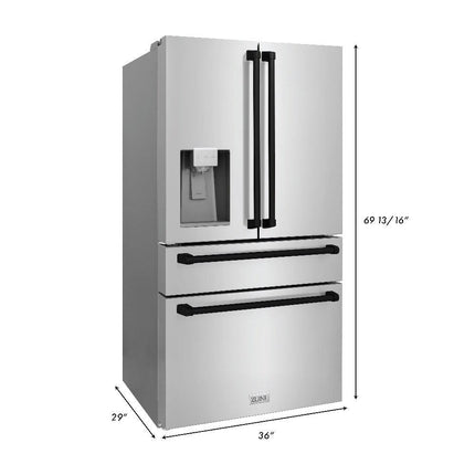 ZLINE Autograph Edition 36 in. Kitchen Package with Stainless Steel Dual Fuel Range, Range Hood, Dishwasher and Refrigeration Including External Water Dispenser with Matte Black Accents (4AKPR-RARHDWM36-MB)