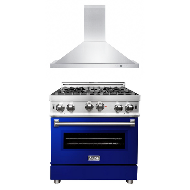 ZLINE 30 in. Kitchen Package with Stainless Steel Gas Range with Blue Gloss Door and Convertible Vent Range Hood (2KP-RGBGRH30) Zline Appliances