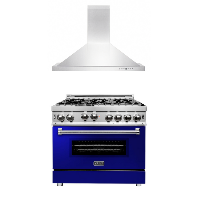 ZLINE 36 in. Kitchen Package with Stainless Steel Gas Range with Blue Gloss Door and Convertible Vent Range Hood (2KP-RGBGRH36) Zline Appliances