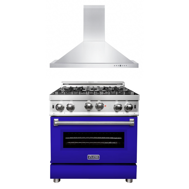 ZLINE 30 in. Kitchen Package with Stainless Steel Gas Range with Blue Matte Door and Convertible Vent Range Hood (2KP-RGBMRH30) Zline Appliances