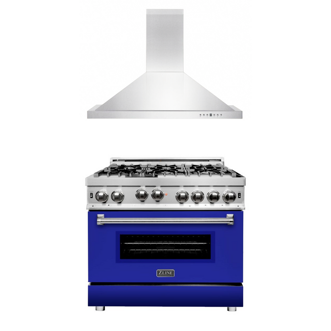 ZLINE 36 in. Kitchen Package with Stainless Steel Gas Range with Blue Matte Door and Convertible Vent Range Hood (2KP-RGBMRH36) Zline Appliances