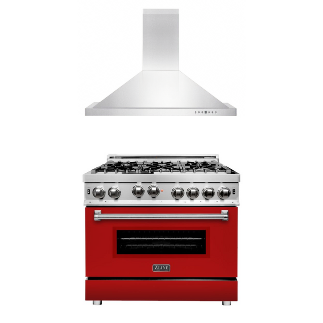 ZLINE 36 in. Kitchen Package with Stainless Steel Gas Range with Red Matte Door and Convertible Vent Range Hood (2KP-RGRMRH36) Zline Appliances