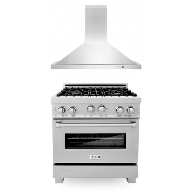 ZLINE 30 in. Kitchen Package with Stainless Steel Gas Range with Satin Door and Convertible Vent Range Hood (2KP-RGSNRH30) Zline Appliances