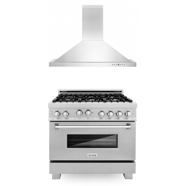 ZLINE 36 in. Kitchen Package with Stainless Steel Gas Range with Satin Door and Convertible Vent Range Hood (2KP-RGSNRH36) Zline Appliances