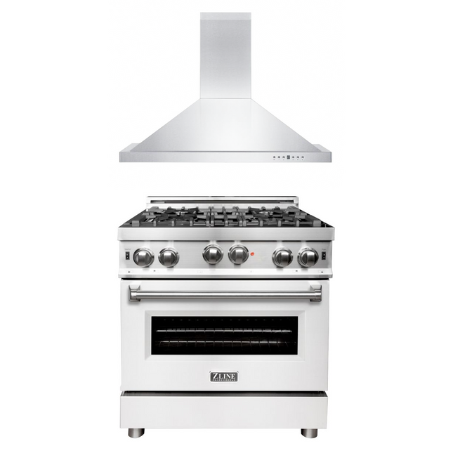 ZLINE 30 in. Kitchen Package with Stainless Steel Gas Range with White Matte Door and Convertible Vent Range Hood (2KP-RGWMRH30) Zline Appliances