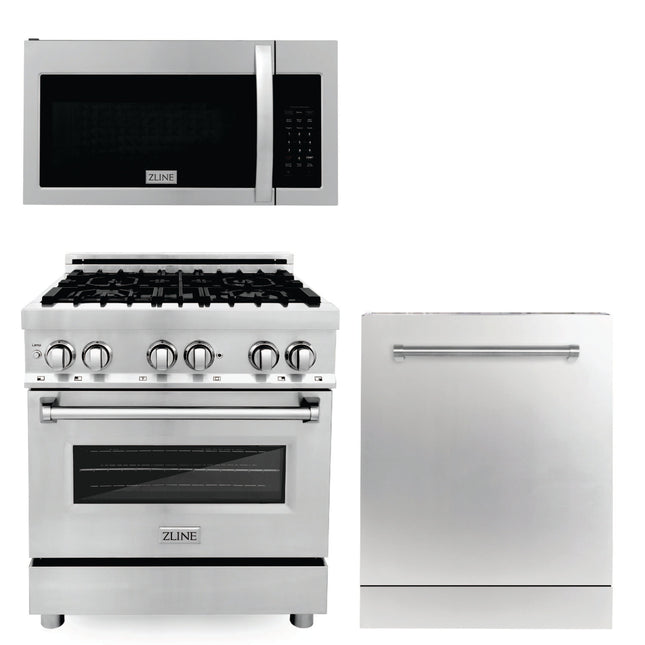 ZLINE 30 in. Kitchen Package with Stainless Steel Gas Range, Modern Over The Range Microwave and Dishwasher (3KP-RGOTR30-DW) Zline Appliances