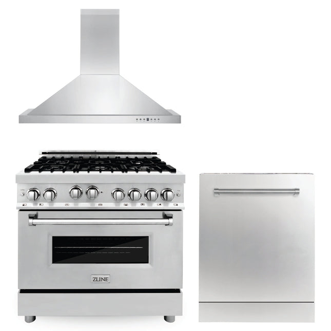 ZLINE 36 in. Kitchen Package with Stainless Steel Gas Range, Convertible Vent Range Hood and Dishwasher (3KP-RGRH36-DW) Zline Appliances