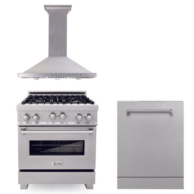 ZLINE 30 in. Kitchen Package with Stainless Steel Gas Range, Convertible Vent Range Hood and Dishwasher (3KP-RGRH30-DW) Zline Appliances